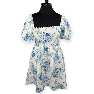Altar’d State Blue Floral Puff Sleeve Babydoll Mini Dress Women’s M Cottagecore